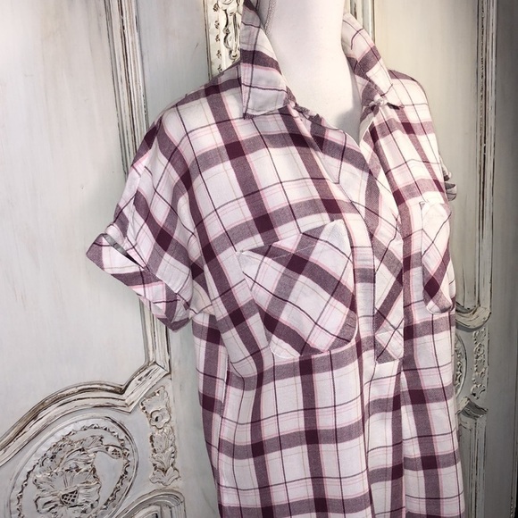 William Rast Short Dolman Sleeve Collar Pop Over Cotton Blend Plaid Top Size M - Picture 2 of 12